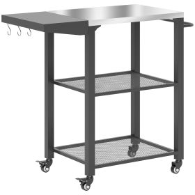 Outsunny Three-Shelf Outdoor Grill Cart Table with Foldable Side Table, Stainless Steel Top Pizza Oven Stand with Hooks, Silver