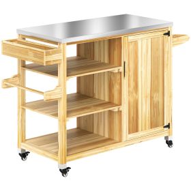 Outsunny Outdoor Grill Cart with Stainless Steel Top, Solid Wood Outdoor Kitchen Island with Wheels, Natural Wood