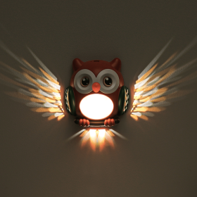 Sintronlink Owl Design + Children's Bedroom, Living Room, Fridge, Wall + LED Night Light + Motion Sensor, Wing-Opening Effect, USB Rechargeable (Color: Berry Red)
