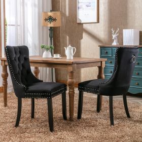 Velvet dining chair set of 2 button tufted backrest with loop pull design, modern style for kitchen dining room or living room seating (Color: Black)