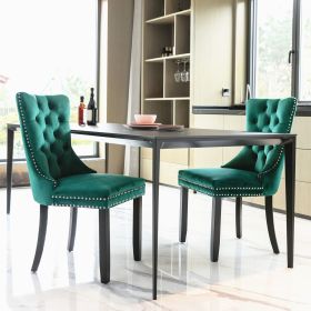 Velvet dining chair set of 2 button tufted backrest with loop pull design, modern style for kitchen dining room or living room seating (Color: Green)
