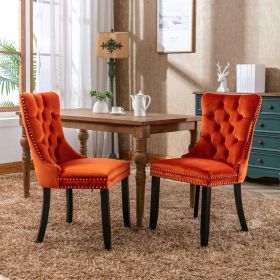Velvet dining chair set of 2 button tufted backrest with loop pull design, modern style for kitchen dining room or living room seating (Color: Orange)
